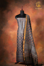 Ushraa - Madder-Hinted Indigo Ajrakh Silk Linen Suit Set with Gold Zari Border