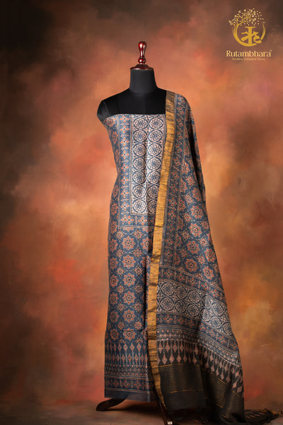 Ushraa - Madder-Hinted Indigo Ajrakh Silk Linen Suit Set with Gold Zari Border