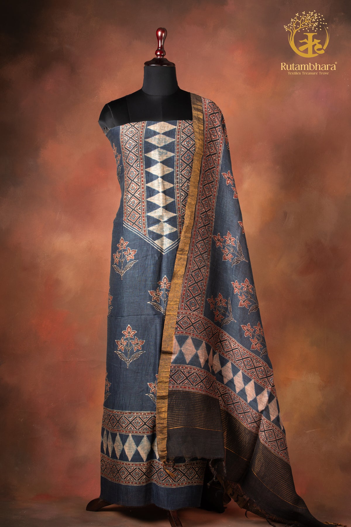 Ushraa - Rich Indigo Madder Ajrakh Silk Linen Suit Set with Zari Border