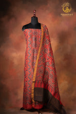 Ushraa - Indigo-Hinted  Madder Ajrakh Silk Linen Suit Set with Zari Border