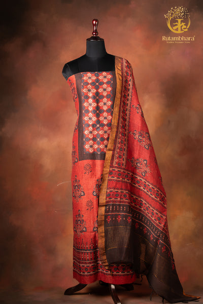 Ushraa - Rich Madder  Ajrakh Silk Linen Suit Set with Zari Border