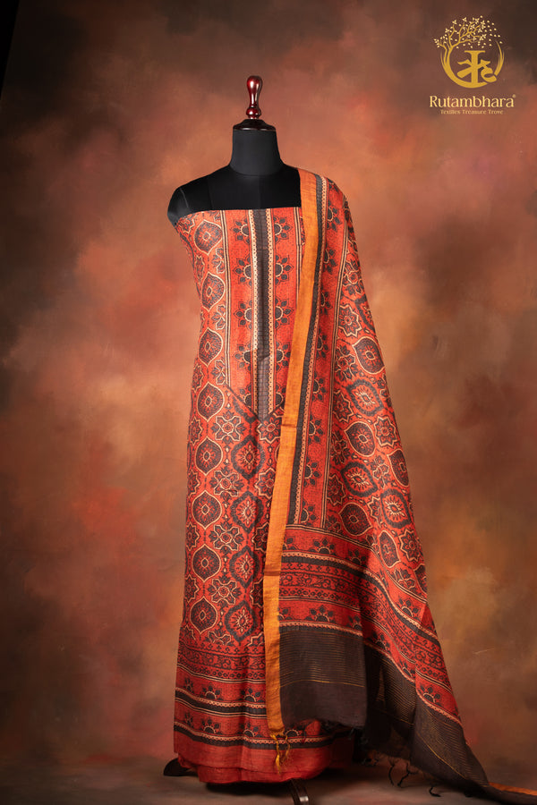 Ushraa - Madder Inked  Ajrakh Silk Linen Suit Set with Zari Border