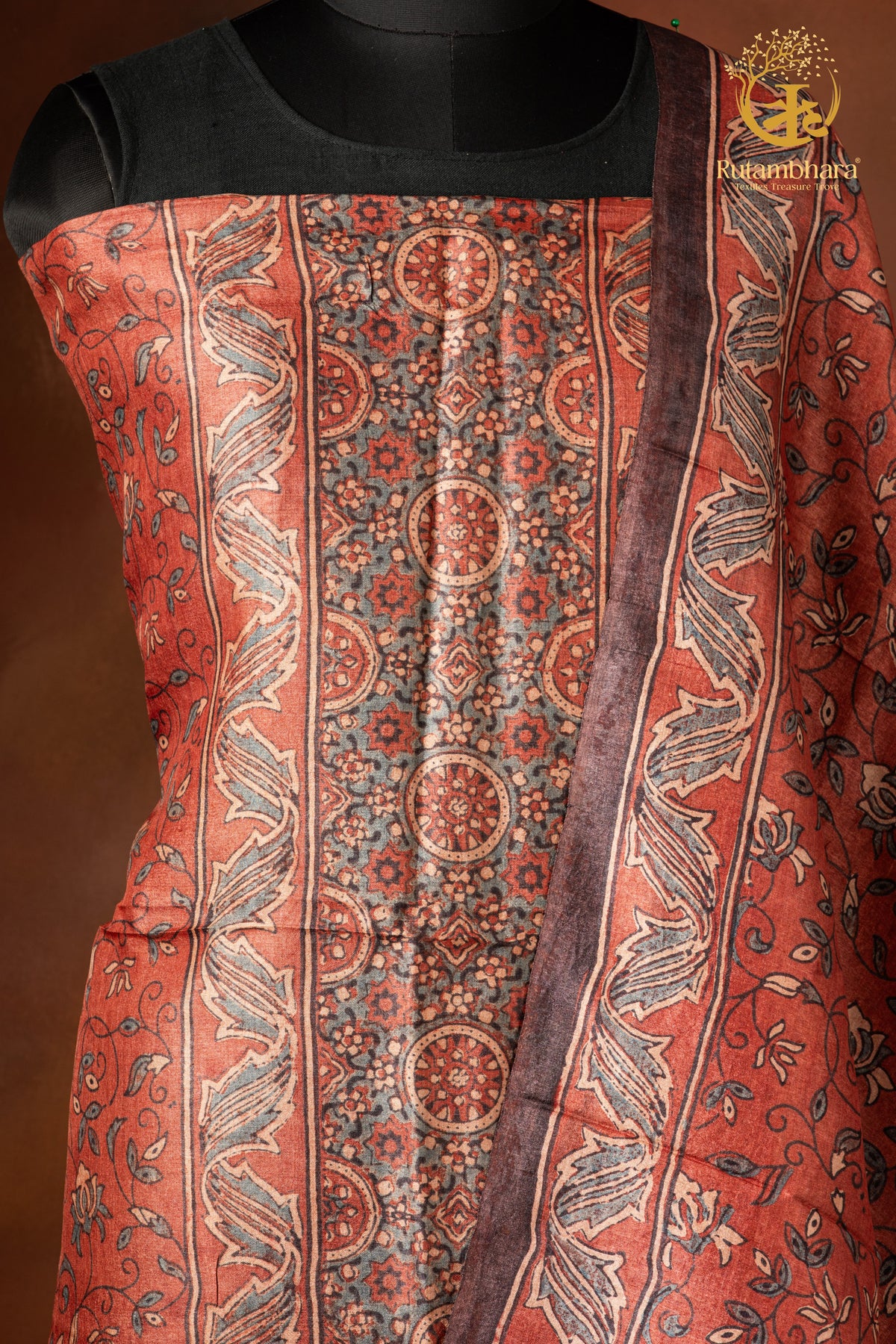 Ushraa - Madder Rust Ajrakh Tussar Silk Suit Set