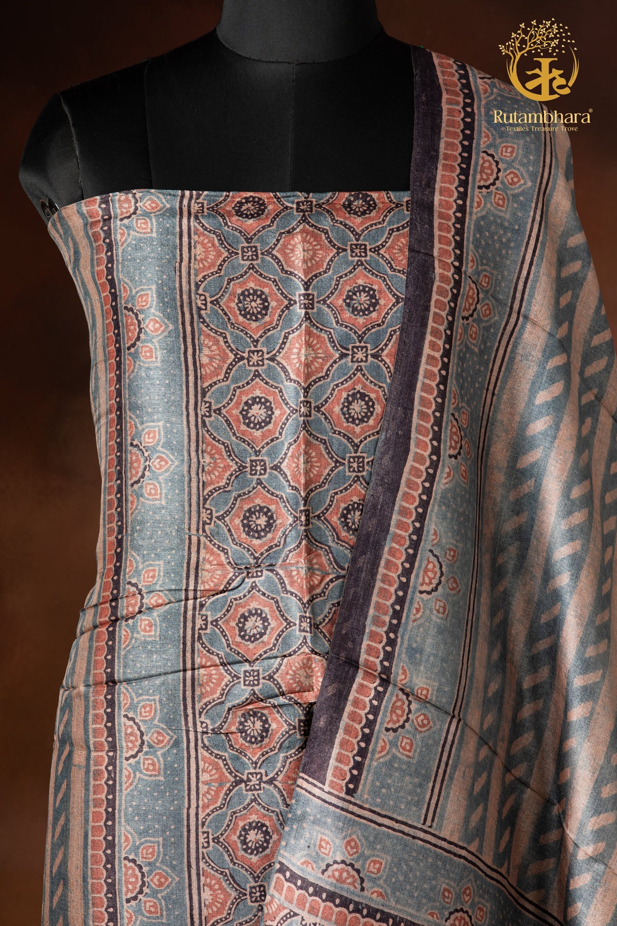 Ushraa - Muted Indigo Rust Ajrakh Tussar Silk Suit Set