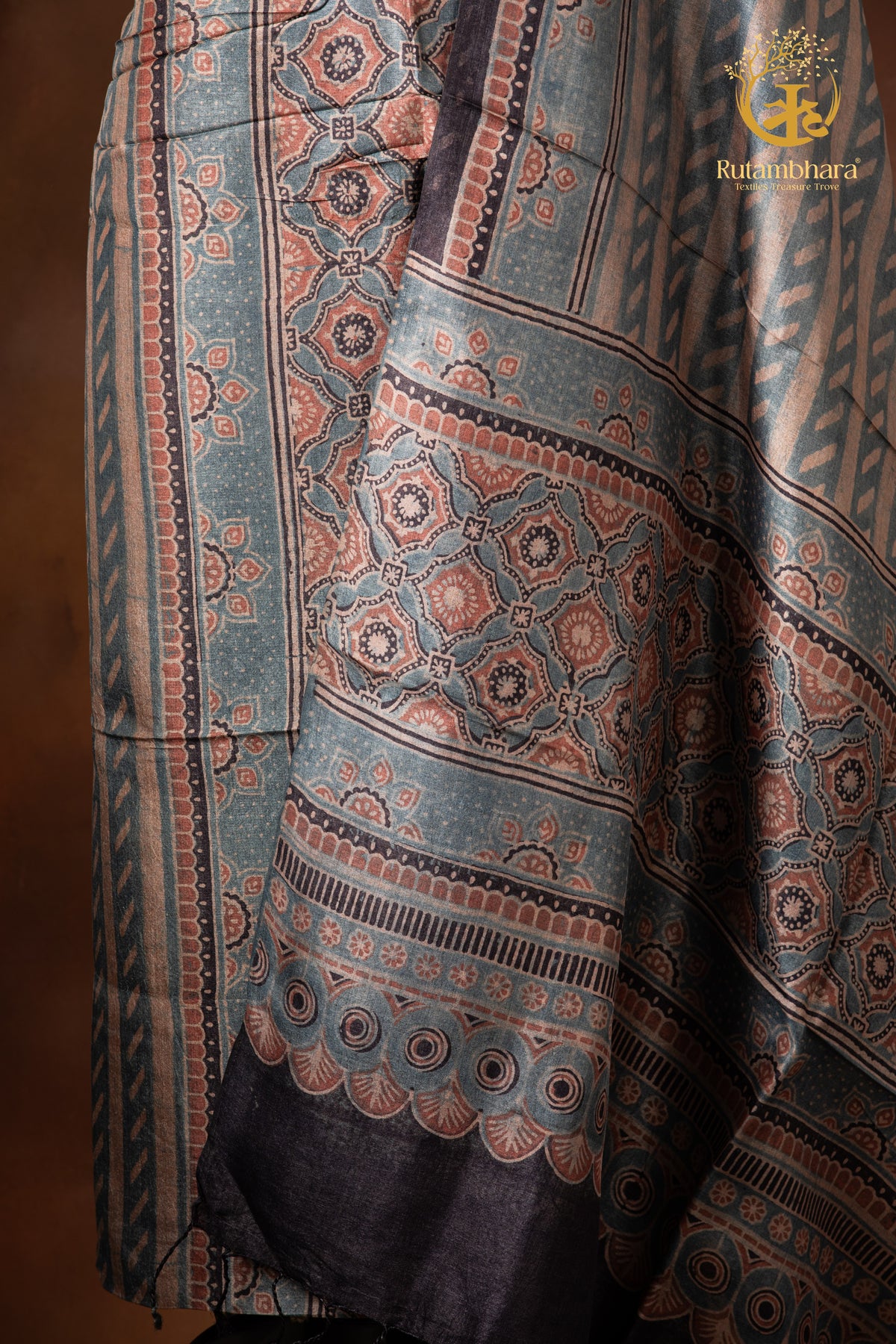Ushraa - Muted Indigo Rust Ajrakh Tussar Silk Suit Set