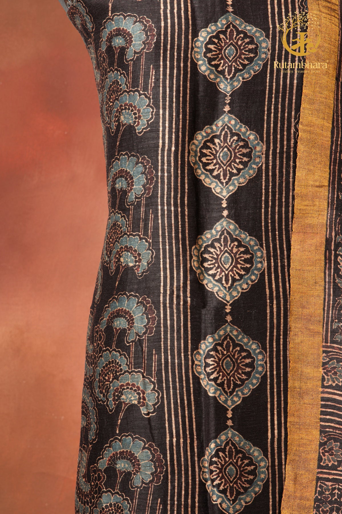 Ushraa - Kajal Black Ochre Ajrakh Silk Linen Suit Set with Zari Border