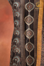 Ushraa - Kajal Black Ochre Ajrakh Silk Linen Suit Set with Zari Border