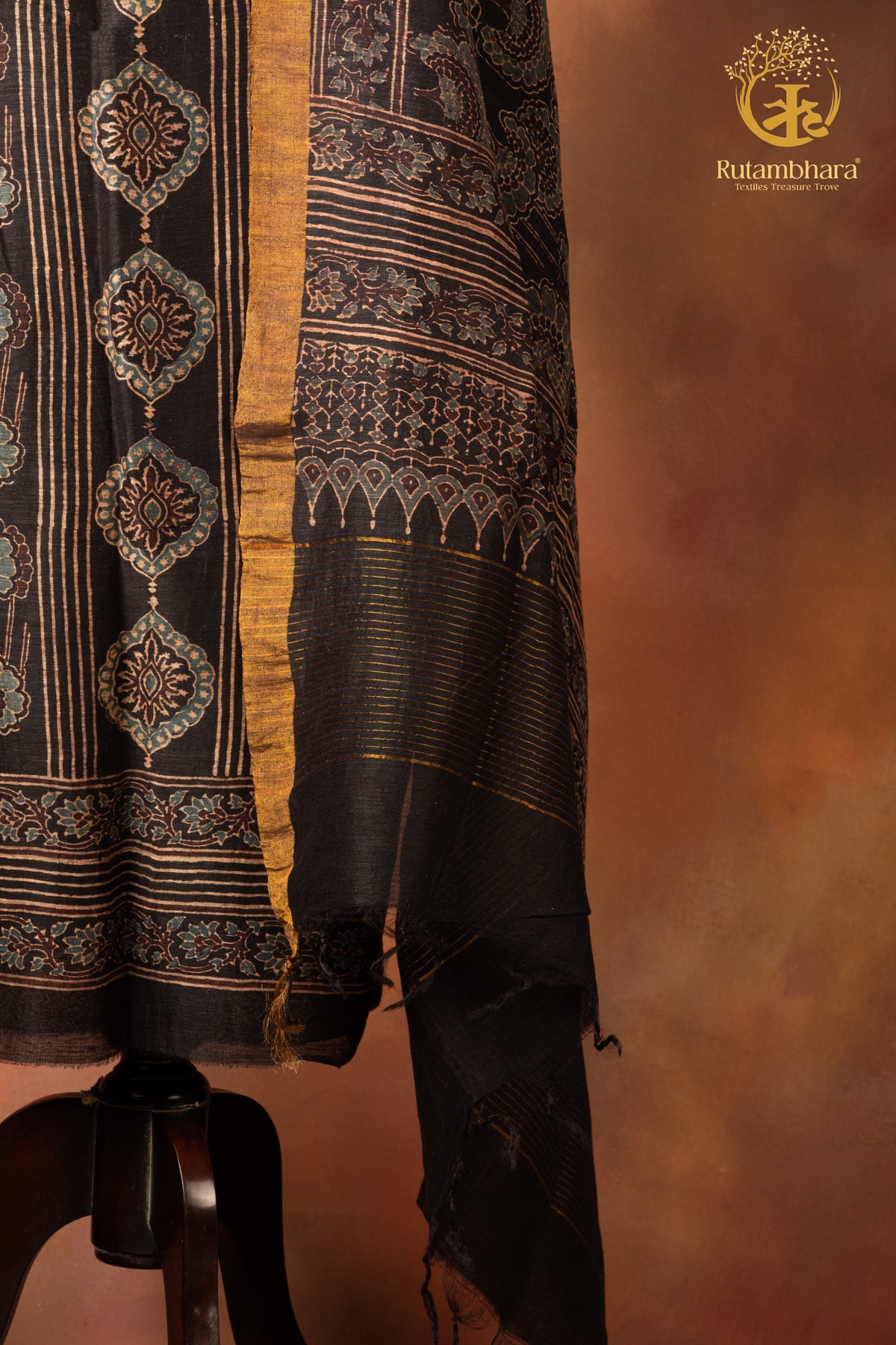 Ushraa - Kajal Black Ochre Ajrakh Silk Linen Suit Set with Zari Border