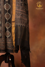 Ushraa - Kajal Black Ochre Ajrakh Silk Linen Suit Set with Zari Border