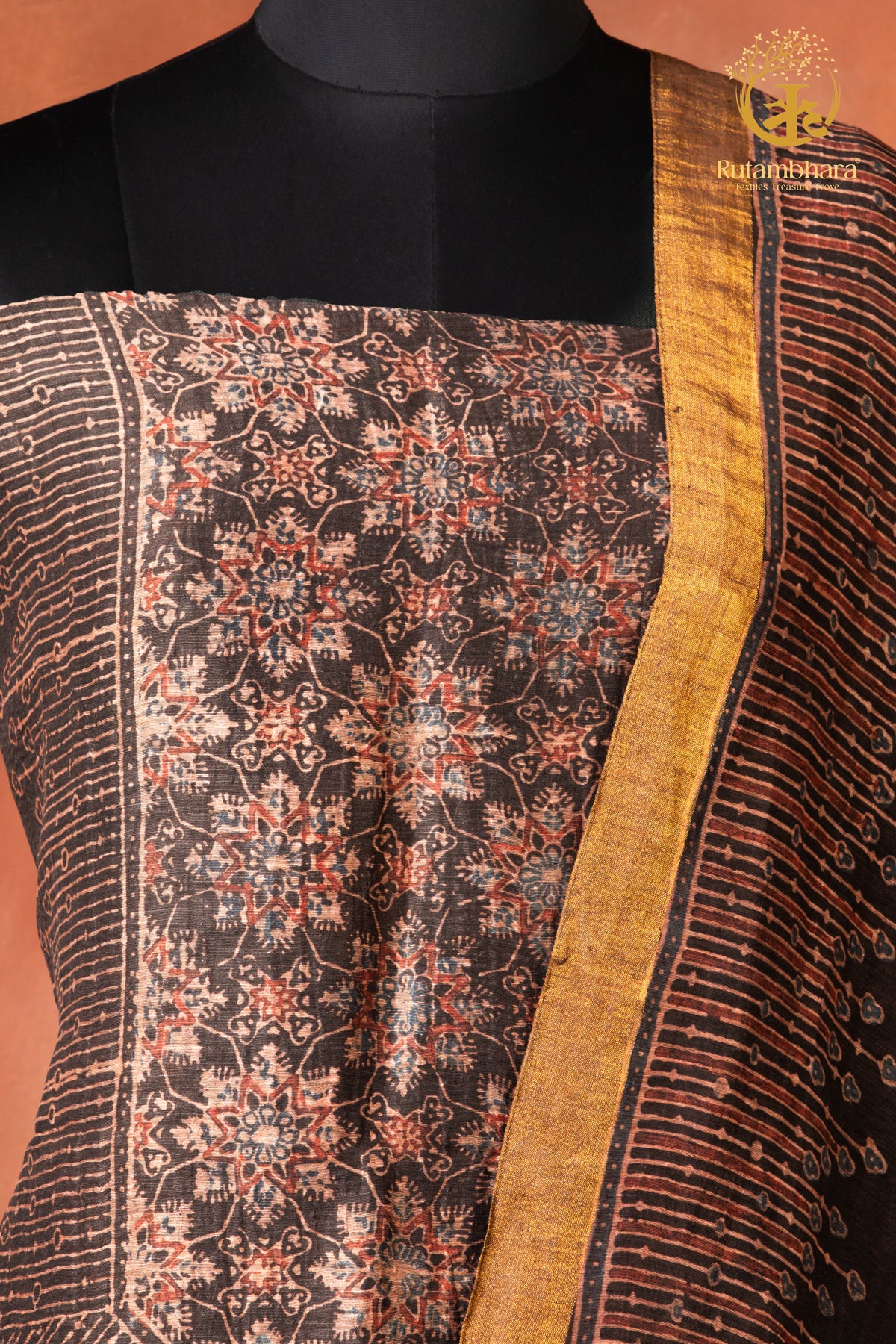 Ushraa - Smoked Brown Black Ajrakh Silk Linen Suit Set with Zari Border