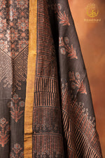 Ushraa - Smoked Brown Black Ajrakh Silk Linen Suit Set with Zari Border