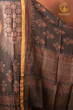Ushraa - Smoked Brown Black Ajrakh Silk Linen Suit Set with Zari Border