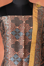 Ushraa - Inked Indigo Madder Ajrakh Silk Linen Suit Set with Zari Border