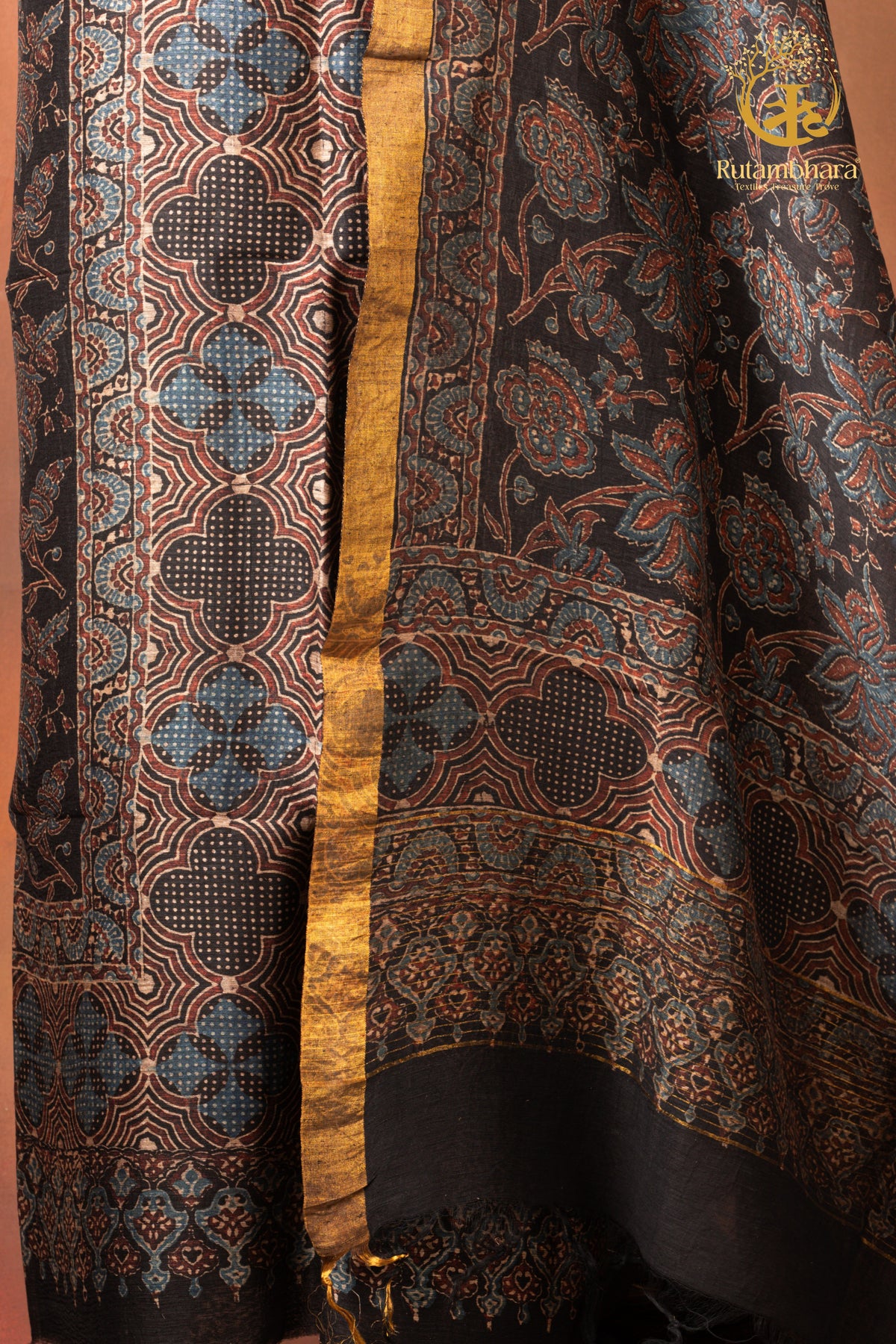 Ushraa - Inked Indigo Madder Ajrakh Silk Linen Suit Set with Zari Border
