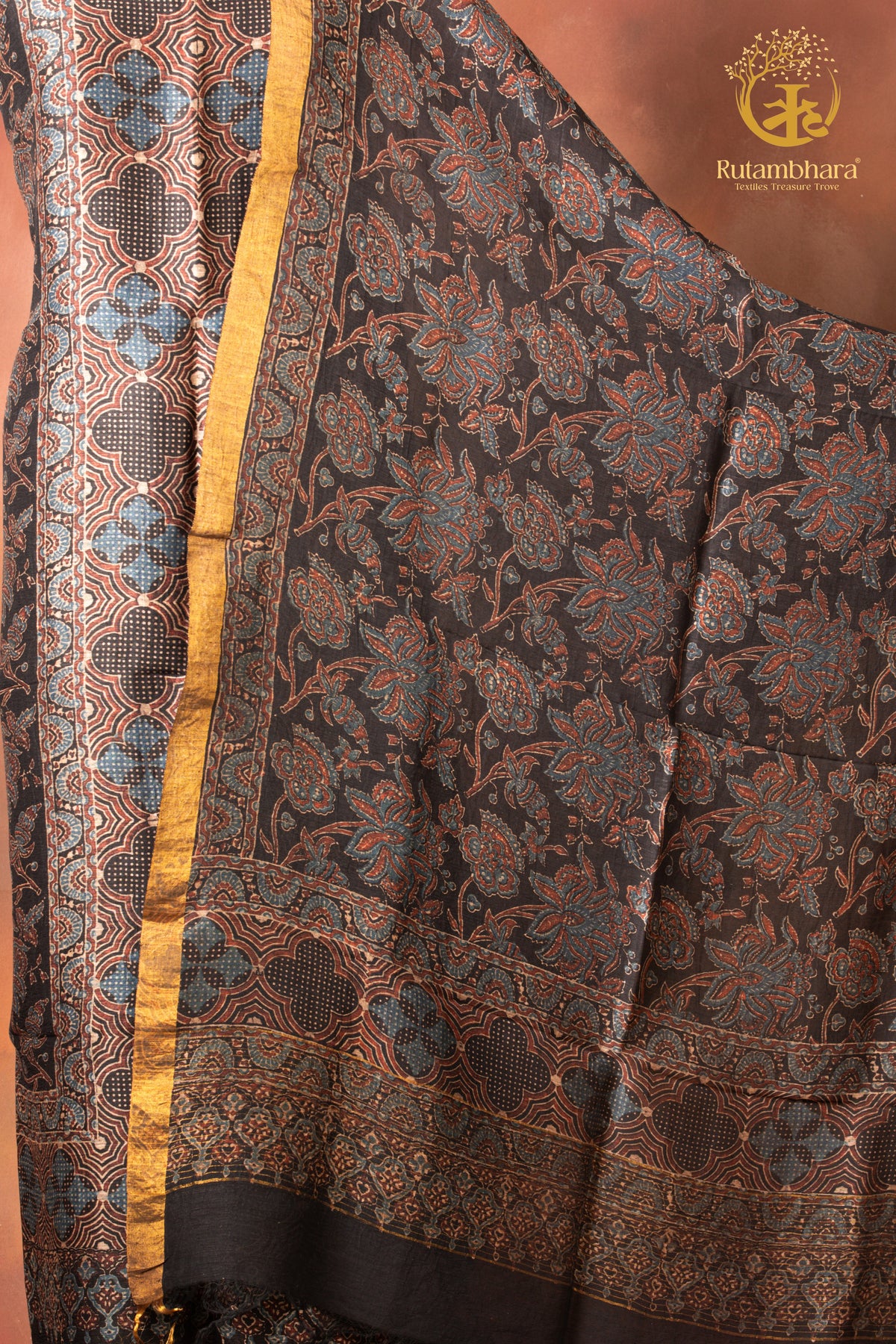 Ushraa - Inked Indigo Madder Ajrakh Silk Linen Suit Set with Zari Border