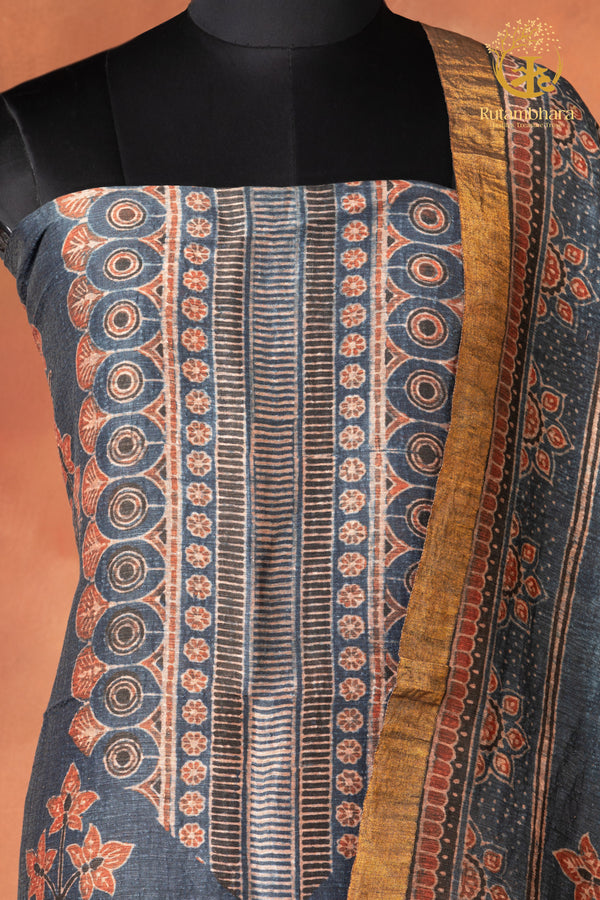 Ushraa - Indigo Madder Ajrakh Silk Linen Suit Set with Gold Zari Border
