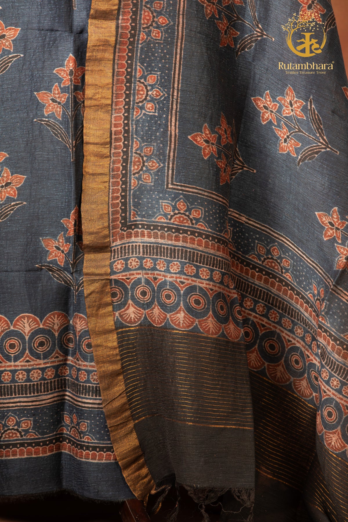 Ushraa - Indigo Madder Ajrakh Silk Linen Suit Set with Gold Zari Border