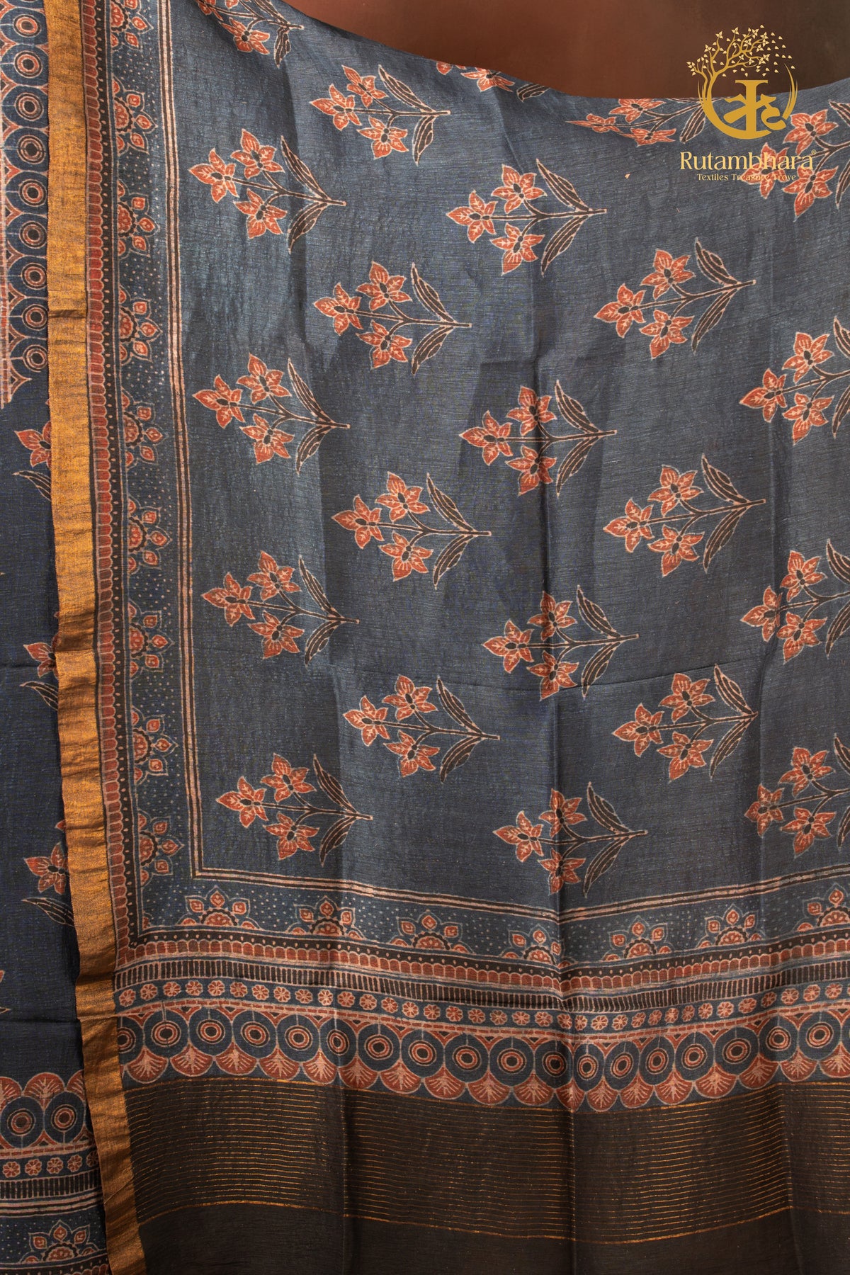 Ushraa - Indigo Madder Ajrakh Silk Linen Suit Set with Gold Zari Border