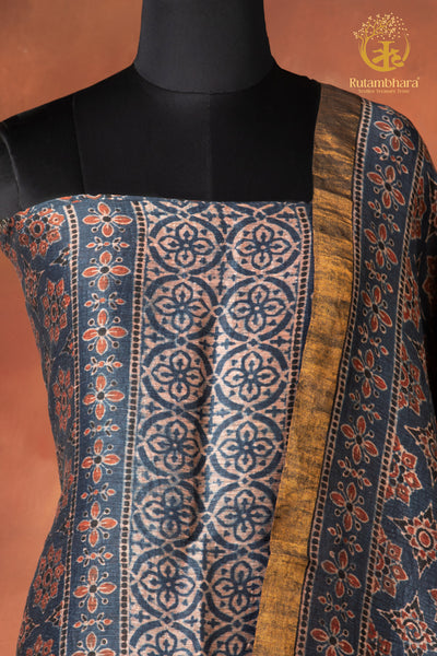 Ushraa - Madder-Hinted Indigo Ajrakh Silk Linen Suit Set with Gold Zari Border