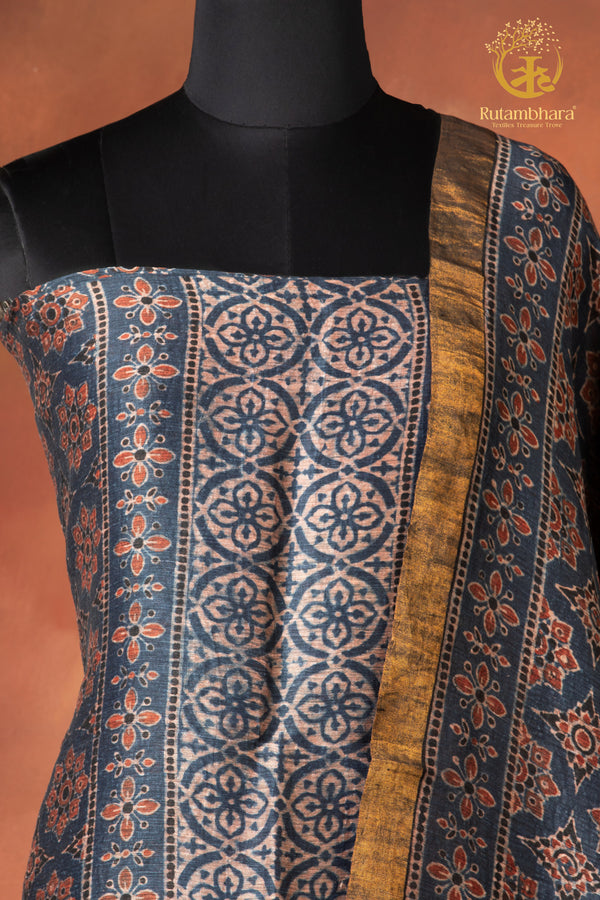 Ushraa - Madder-Hinted Indigo Ajrakh Silk Linen Suit Set with Gold Zari Border