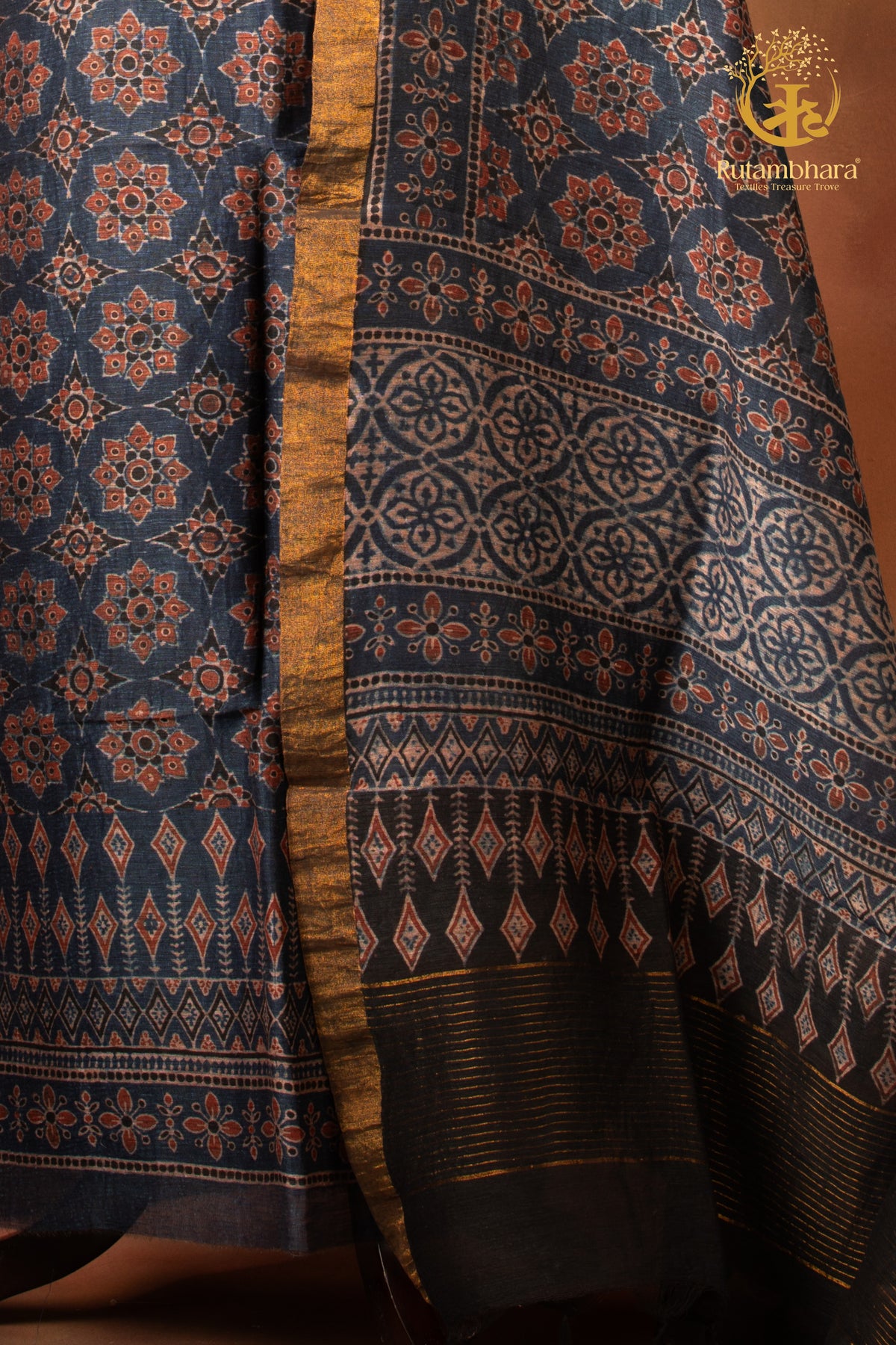 Ushraa - Madder-Hinted Indigo Ajrakh Silk Linen Suit Set with Gold Zari Border