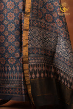 Ushraa - Madder-Hinted Indigo Ajrakh Silk Linen Suit Set with Gold Zari Border