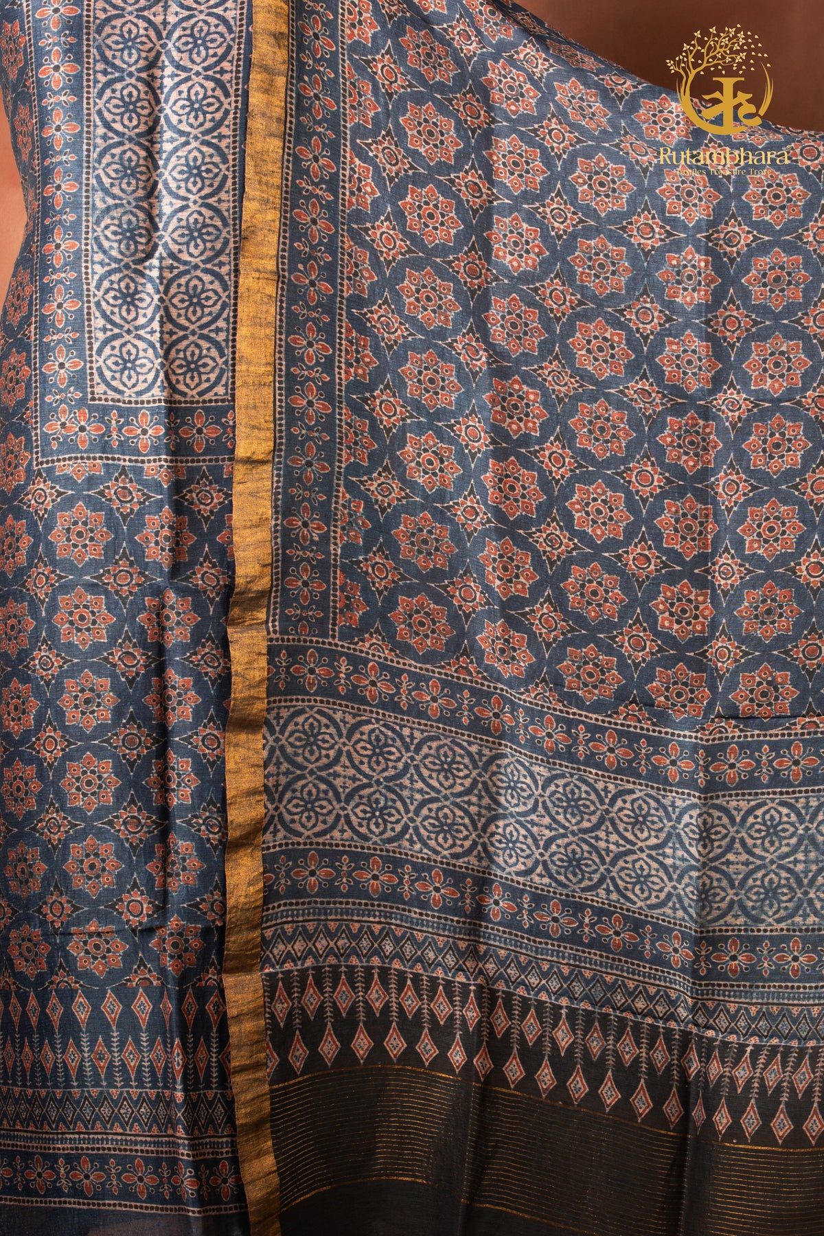 Ushraa - Madder-Hinted Indigo Ajrakh Silk Linen Suit Set with Gold Zari Border
