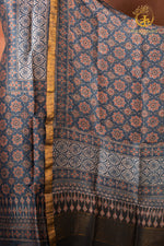 Ushraa - Madder-Hinted Indigo Ajrakh Silk Linen Suit Set with Gold Zari Border
