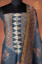 Ushraa - Rich Indigo Madder Ajrakh Silk Linen Suit Set with Zari Border