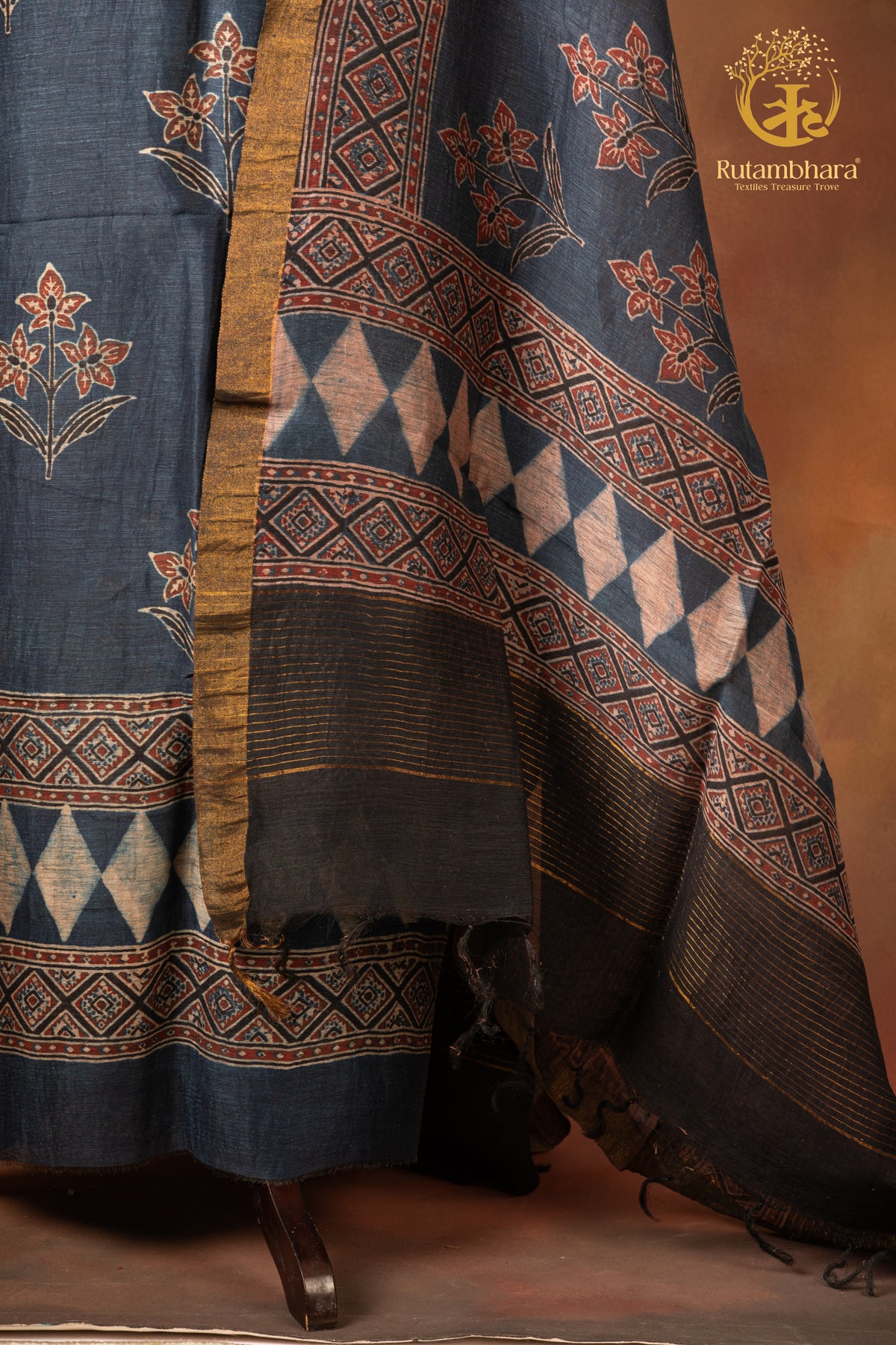 Ushraa - Rich Indigo Madder Ajrakh Silk Linen Suit Set with Zari Border