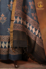 Ushraa - Rich Indigo Madder Ajrakh Silk Linen Suit Set with Zari Border