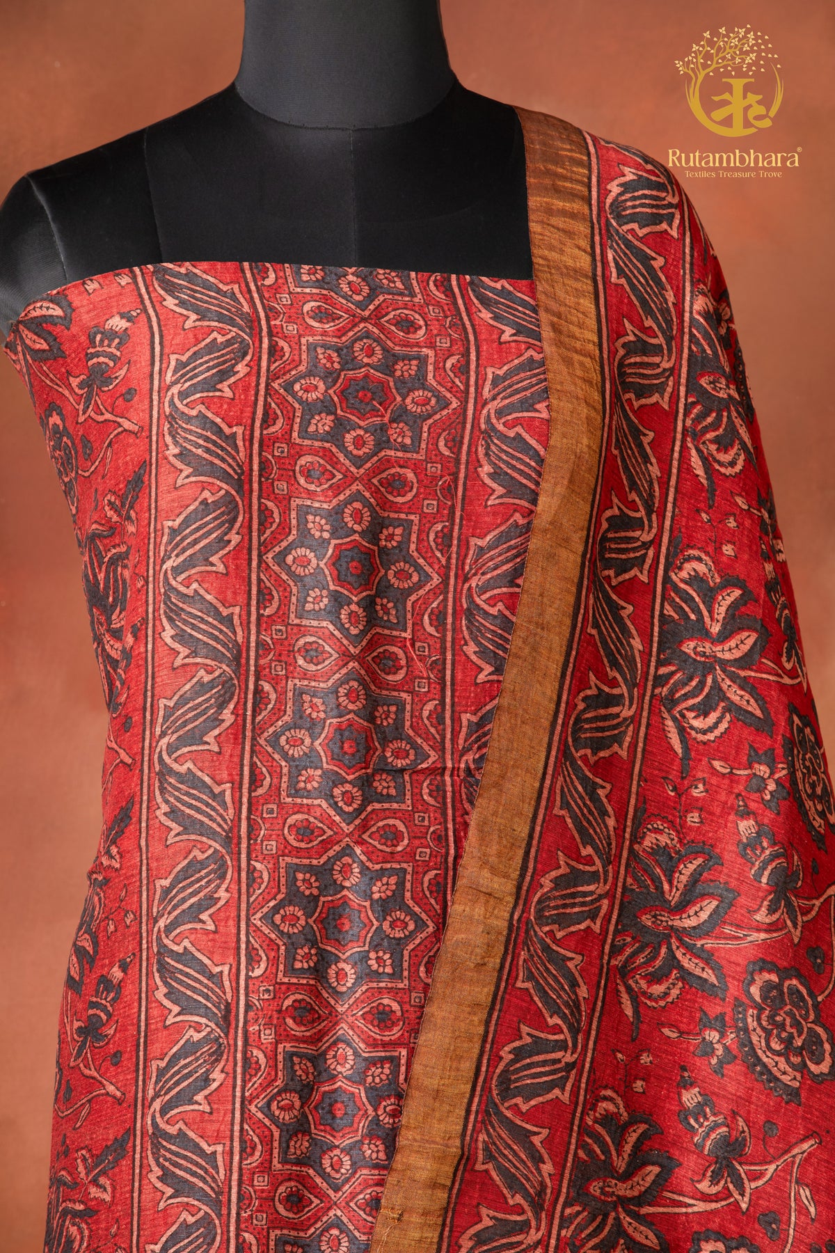 Ushraa - Indigo-Hinted  Madder Ajrakh Silk Linen Suit Set with Zari Border