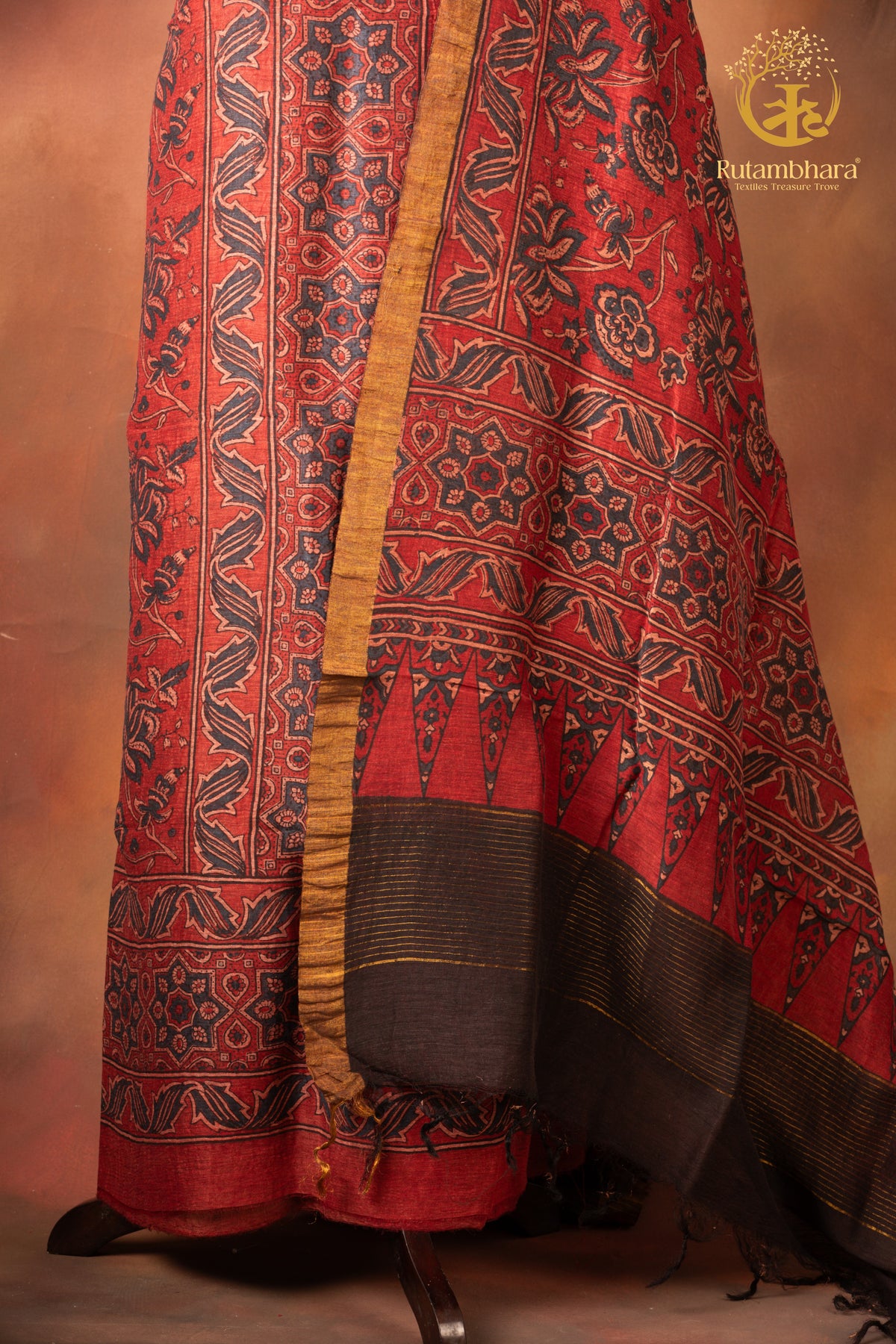 Ushraa - Indigo-Hinted  Madder Ajrakh Silk Linen Suit Set with Zari Border