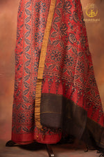 Ushraa - Indigo-Hinted  Madder Ajrakh Silk Linen Suit Set with Zari Border