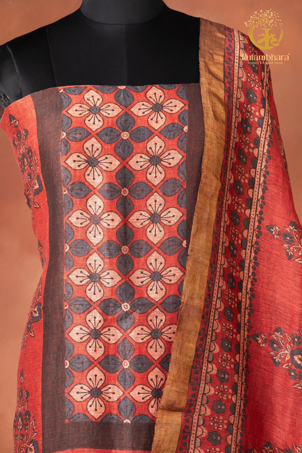 Ushraa - Rich Madder  Ajrakh Silk Linen Suit Set with Zari Border