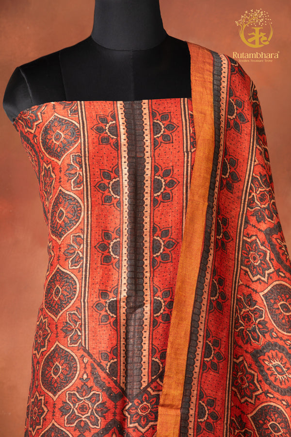 Ushraa - Madder Inked  Ajrakh Silk Linen Suit Set with Zari Border