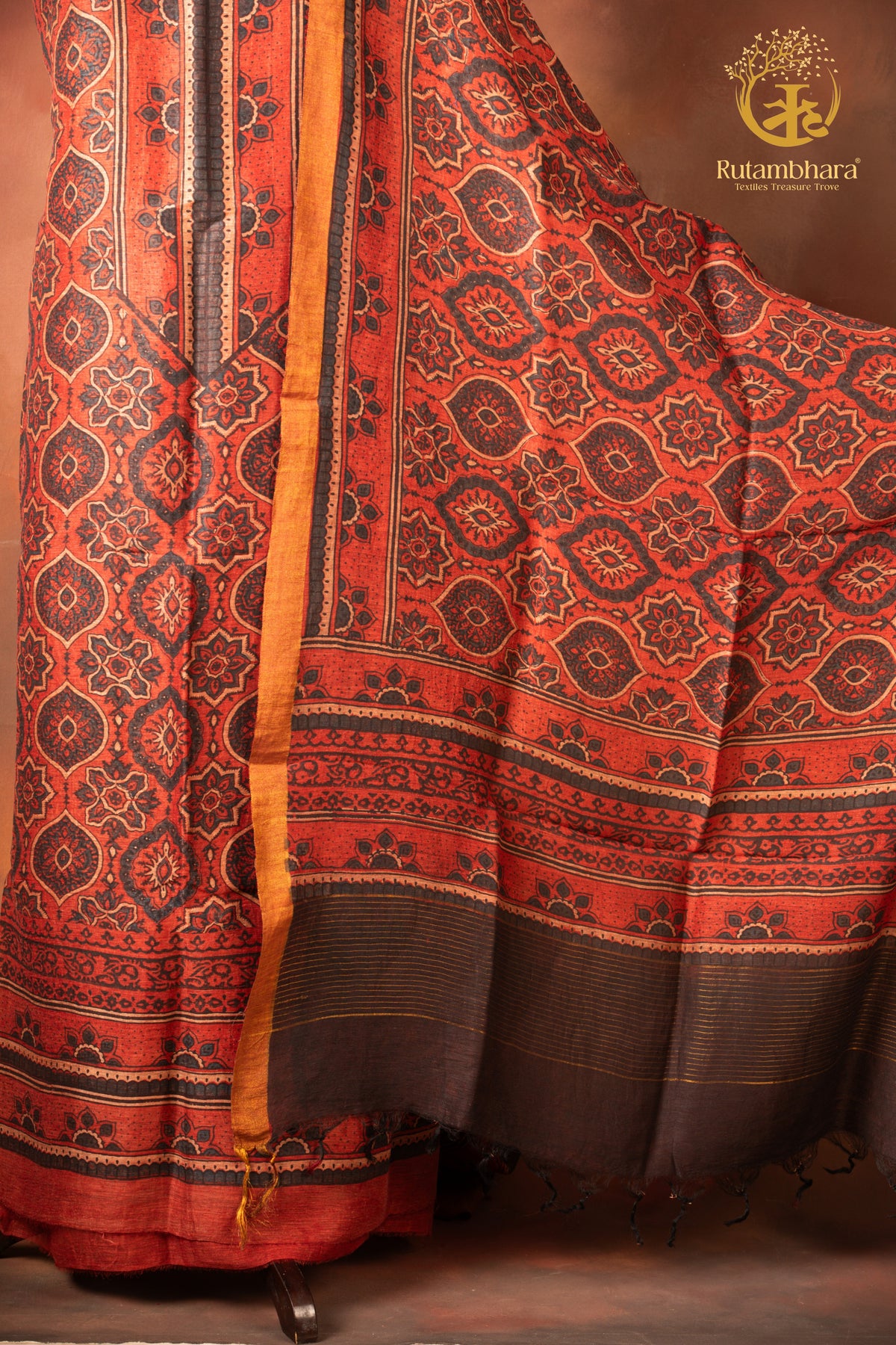 Ushraa - Madder Inked  Ajrakh Silk Linen Suit Set with Zari Border