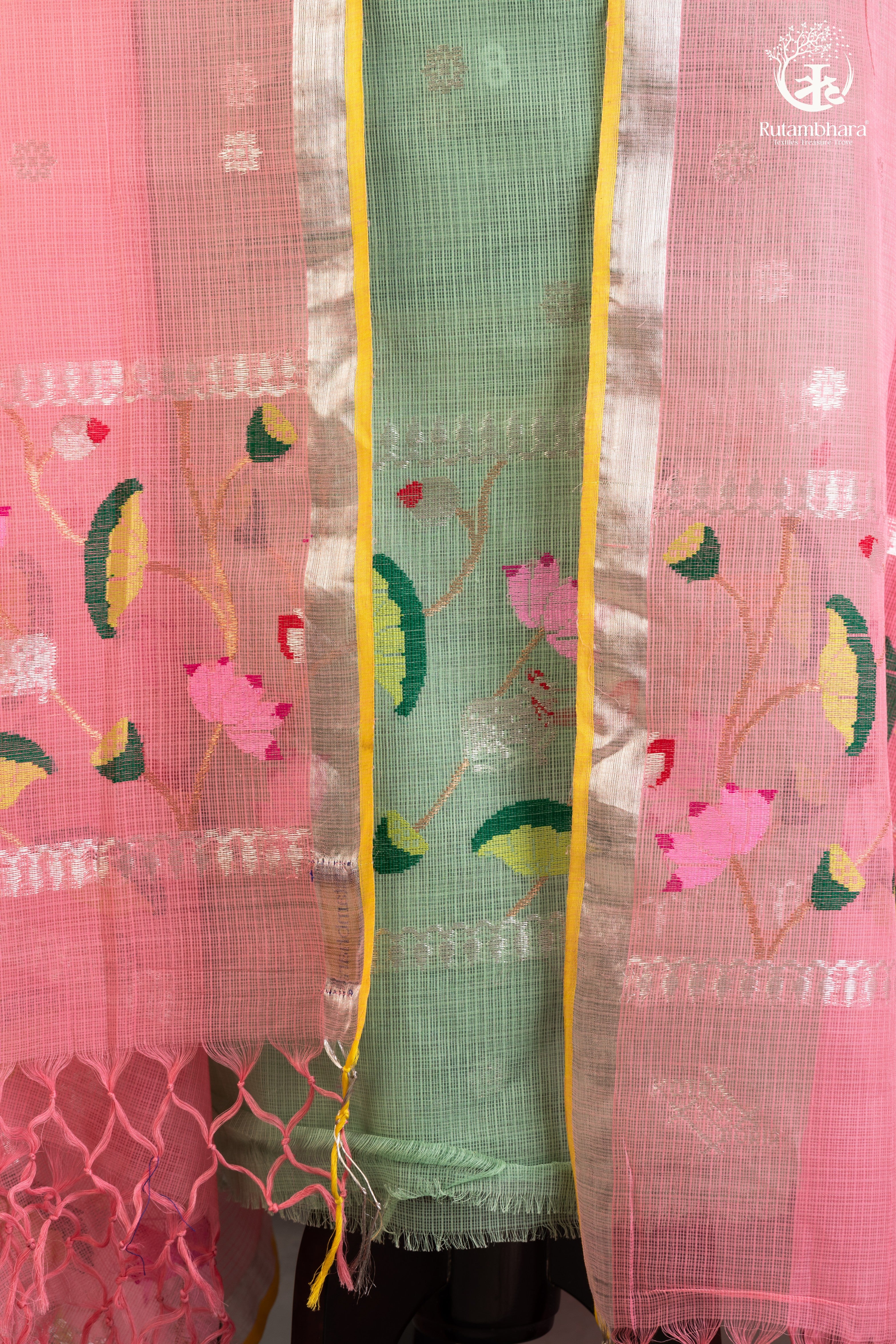 Handwoven Pichwai Zari Kota Suit Set – Mint Green & Pink