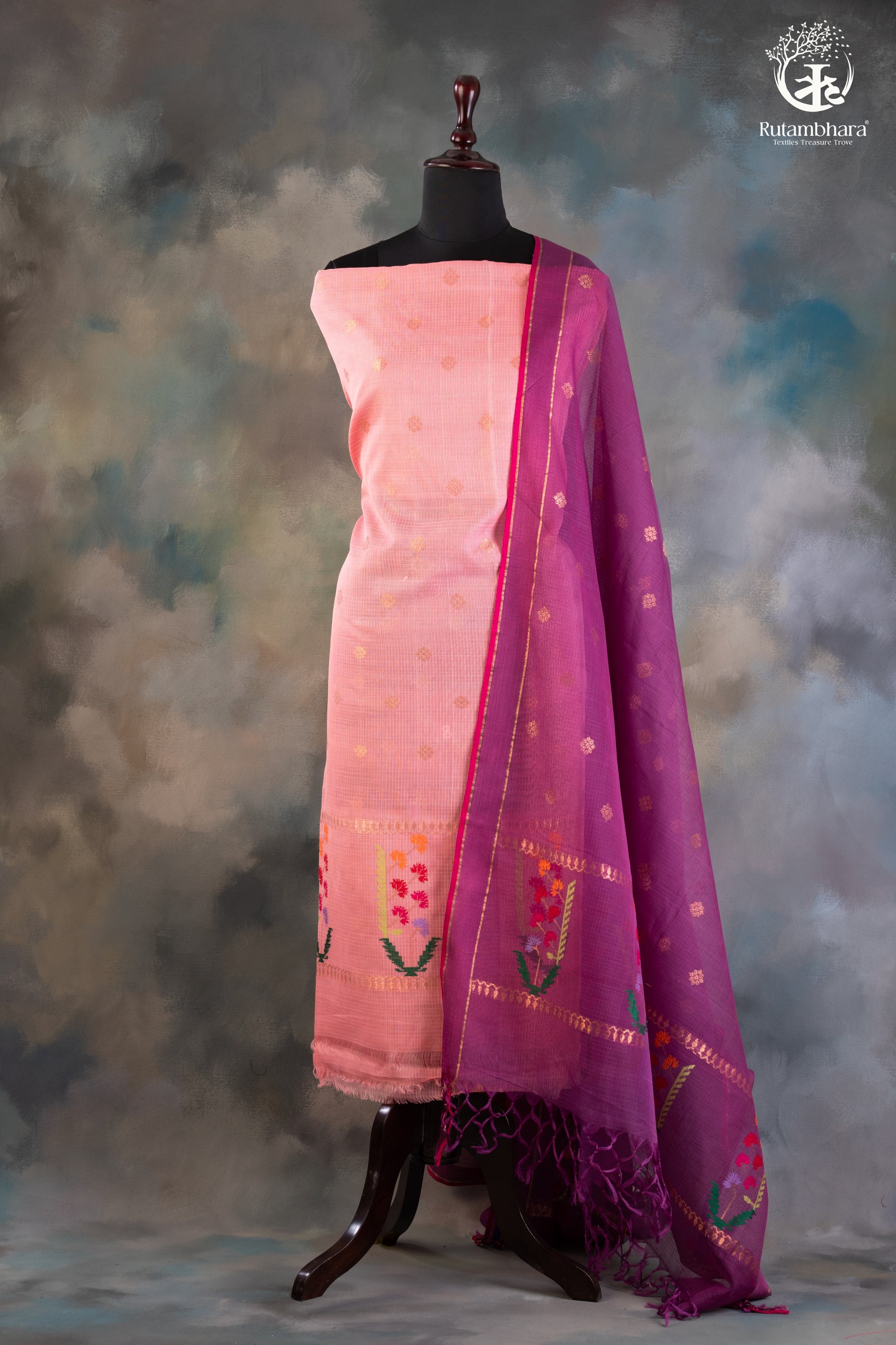 Peach & Magenta Zari Kota Suit Set with Pichwai Floral Accents-RUTAMBHARA-RUTAMBHARA