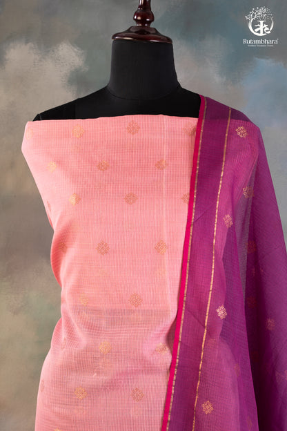 Peach & Magenta Zari Kota Suit Set with Pichwai Floral Accents-RUTAMBHARA-RUTAMBHARA