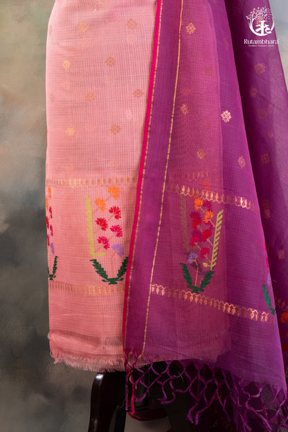 Peach & Magenta Zari Kota Suit Set with Pichwai Floral Accents-RUTAMBHARA-RUTAMBHARA
