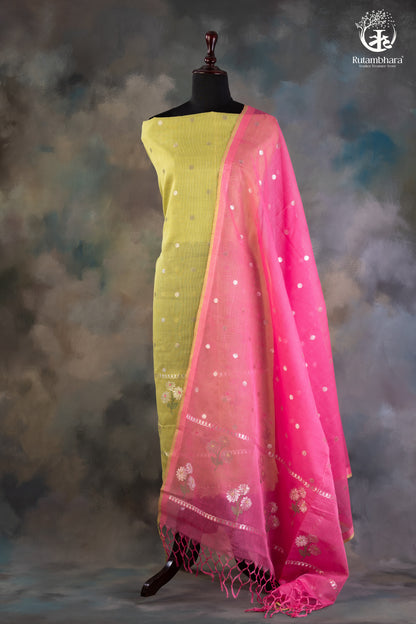 Lime Green & Pink Zari Kota Doria Suit Set-Rutambhara-RUTAMBHARA