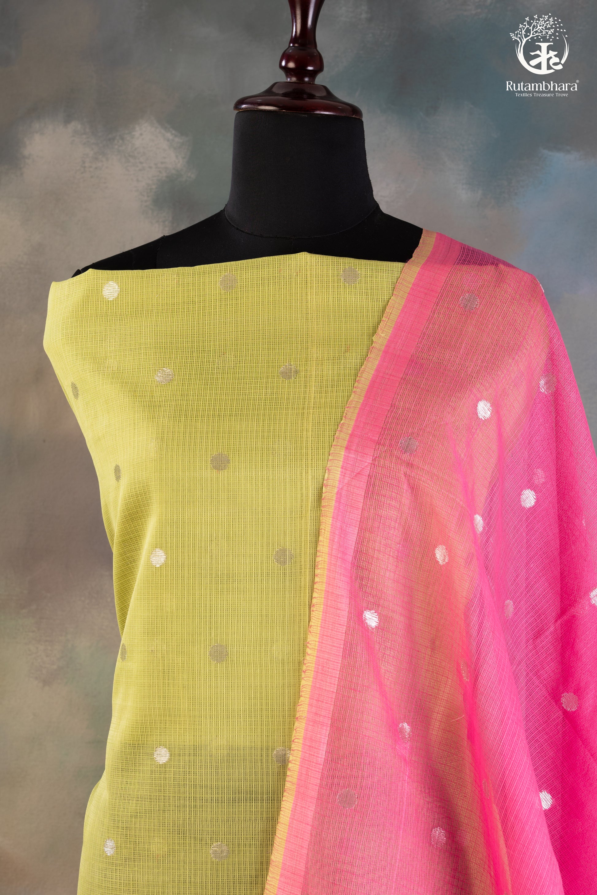Lime Green & Pink Zari Kota Doria Suit Set-Rutambhara-RUTAMBHARA