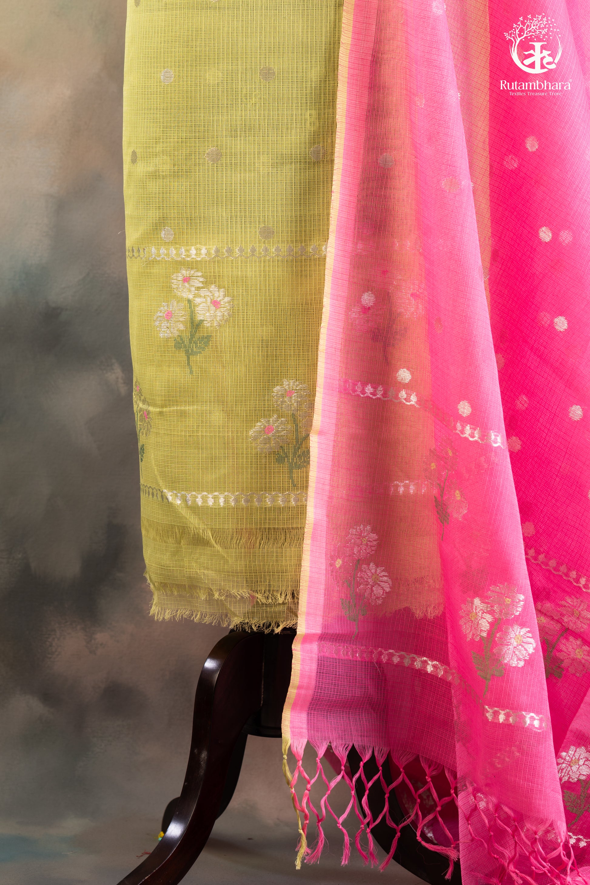 Lime Green & Pink Zari Kota Doria Suit Set-Rutambhara-RUTAMBHARA