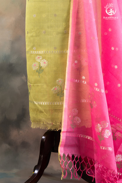 Lime Green & Pink Zari Kota Doria Suit Set-Rutambhara-RUTAMBHARA