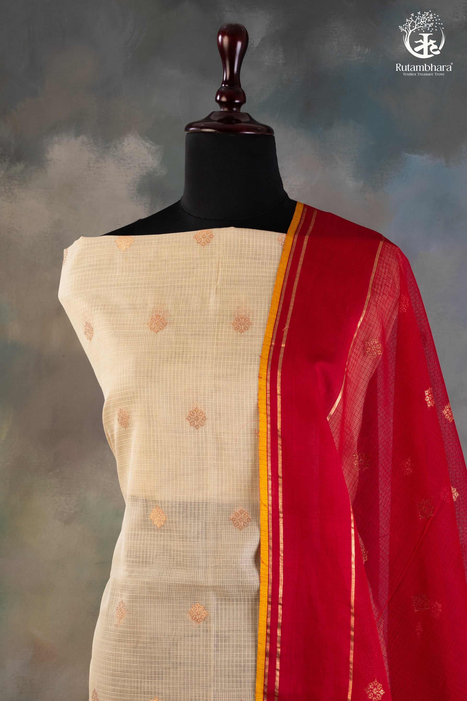 Ivory & Crimson Red Zari Kota Doria Suit Set with-RUTAMBHARA-RUTAMBHARA