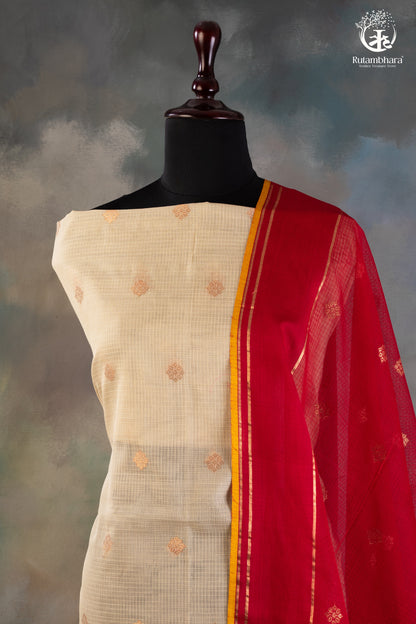 Ivory & Crimson Red Zari Kota Doria Suit Set with-RUTAMBHARA-RUTAMBHARA