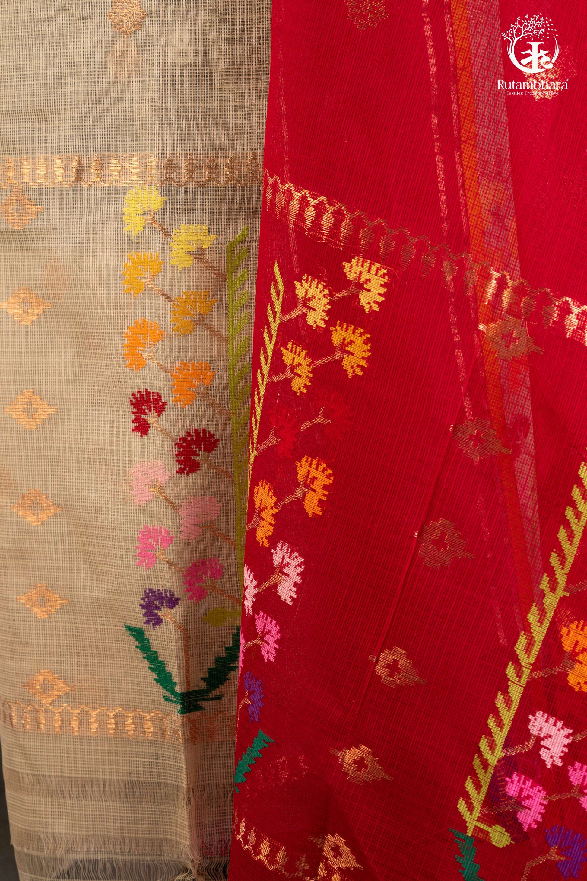 Ivory & Crimson Red Zari Kota Doria Suit Set with-RUTAMBHARA-RUTAMBHARA