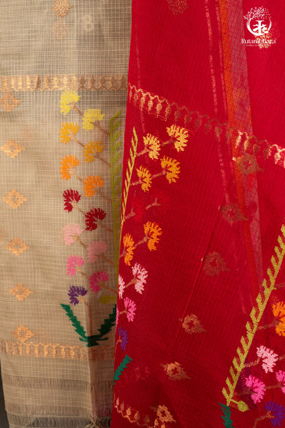 Ivory & Crimson Red Zari Kota Doria Suit Set with-RUTAMBHARA-RUTAMBHARA