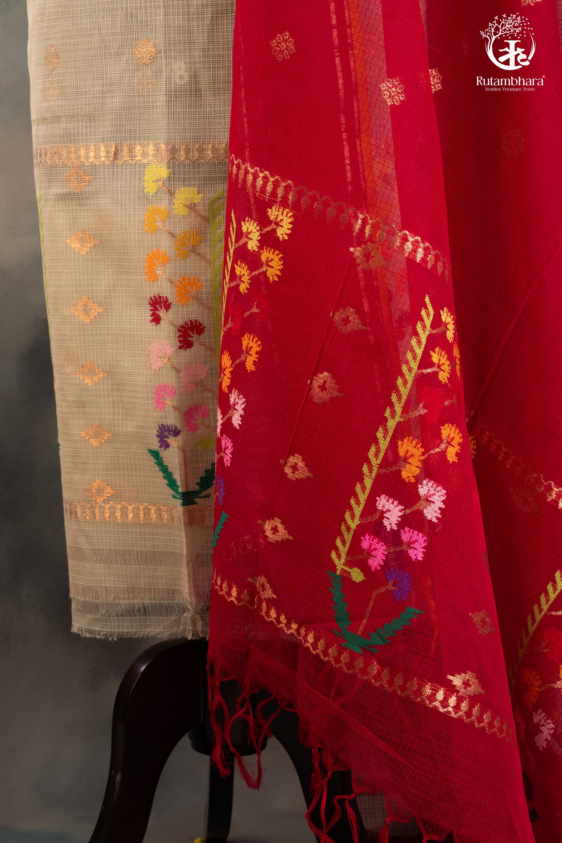 Ivory & Crimson Red Zari Kota Doria Suit Set with-RUTAMBHARA-RUTAMBHARA